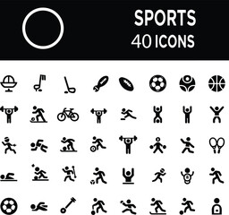 Set of sports icons, representing ball games, competition, fitness, athletic activity, outdoor, and teamwork concepts, designed in a bold glyph style.