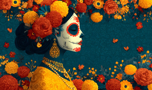 dia de los muertos day of the dead mexican holiday festival vector poster banner and card with, anta muerte woman make up sugar skull girl face with flowers wreath hand drawn