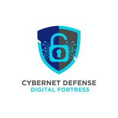 Obraz premium A digital shield logo features a lock integrated with circuit board elements, signifying protection