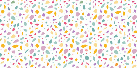 Abstract colorful terrazzo pattern with scattered organic shapes on a white background