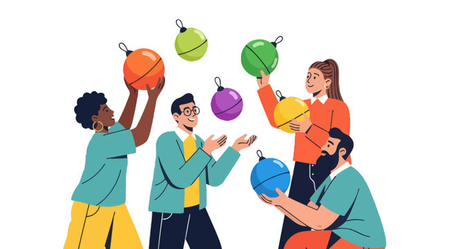 Group of Friends Juggling Colorful Spheres in Harmony Against a Black Background