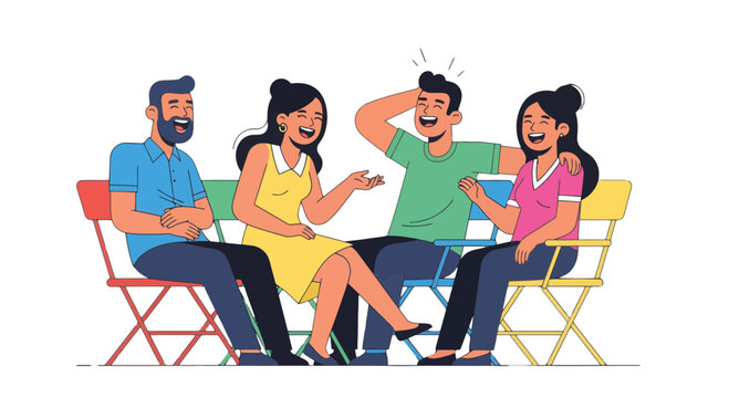 Group Of Friends Laughing And Socializing Together On Comfortable Chairs Enjoying The Moment