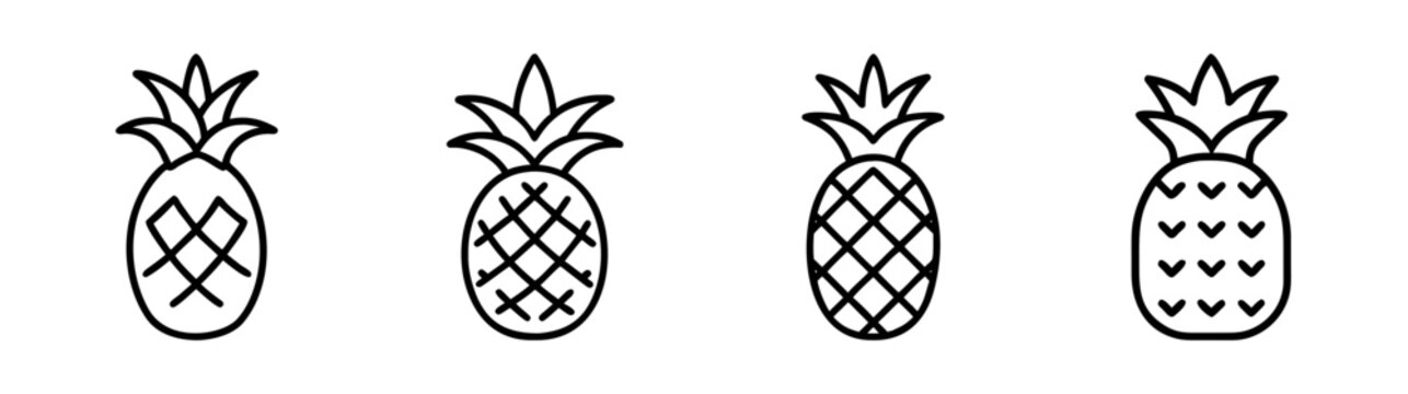 Four stylized line art pineapples with varying textures and patterns simple fruit graphics