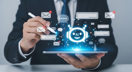 Businessman interacting with a glowing ai chatbot interface on a tablet representing digital communication customer service and artificial intelligence technology