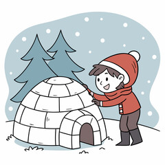 Happy child building an igloo in a snowy winter landscape