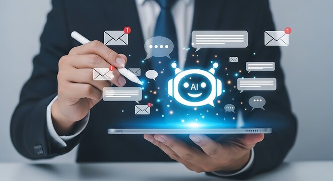 Businessman interacting with a glowing ai chatbot interface on a tablet representing digital communication customer service and artificial intelligence technology