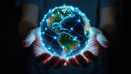 Global network communication holding planet earth in hands symbolizing connection digital transformation and worldwide information technology infrastructure solutions for business and innovation