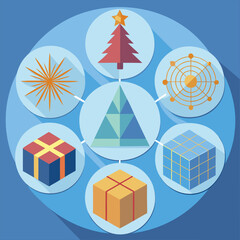 Christmas gifts and tree illustration, holiday presents, festive icons
