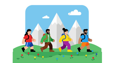 Naklejka premium Group Of People Hiking Through Mountains In A Flat Vector Illustration
