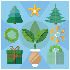 Green Christmas elements with gifts and leaves