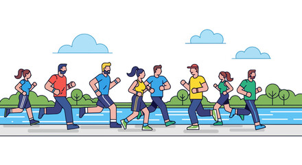 Fototapeta premium Group Of People Jogging Together At Dusk Near A River With Nature Surrounding Theme