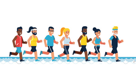 Obraz premium Group Of People Jogging On Ocean, Promoting Health And Wellbeing Activities