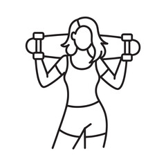 Woman holding a skateboard over her shoulders in a simple line drawing