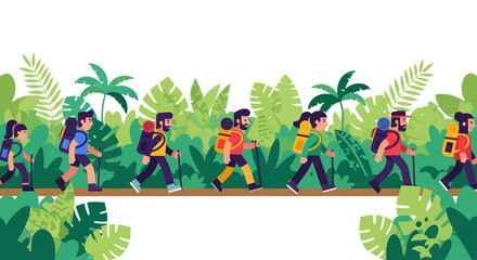 Group Of Hikers Traversing Lush Vegetation On Wooden Path Illustrative Composition