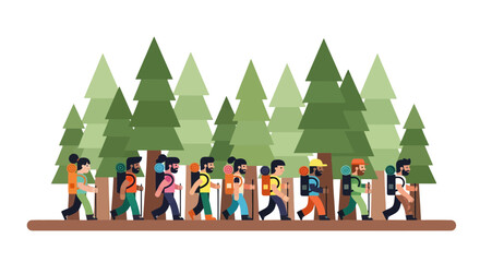 Group Of Hikers Traversing Forest: An Outdoor Adventure in Nature's Embrace