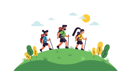 Group Of Hikers Traversing Hilly Terrain During Daytime Adventure Expedition