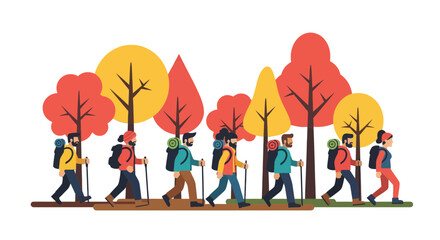Group Of Hikers Traversing Autumnal Woods In A Stylized, Colorful Illustration