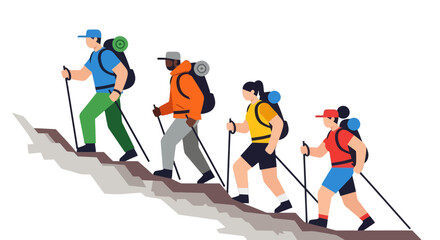 Group Of Hikers Traversing Mountain Ascent With Recreational Backpacks, Isolated On Black