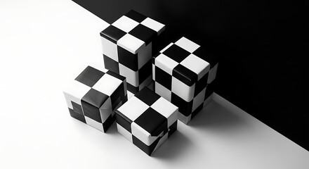 Four black and white checkered puzzle cubes arranged on a contrasting diagonal background.
