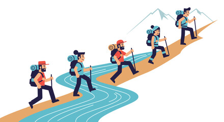 Group Of Hikers Traversing Mountain Path Representing Teamwork and Adventure