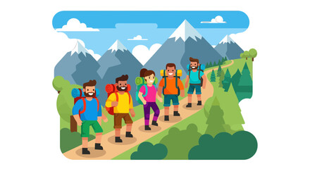 Group Of Hikers Traversing Mountainous Terrain in a Colorful and Dynamic Illustration