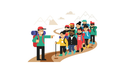 Group Of Hikers Traversing Mountainous Terrain Led By Guide With Focus On Direction