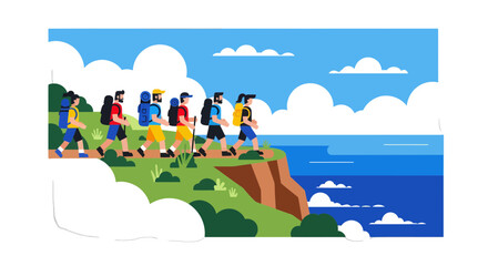 Group Of Hikers Traversing Scenic Landscape on Cliff by the Ocean's Edge