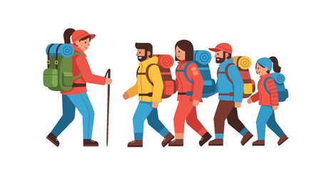 Group Of Hikers Traversing Rugged Trails With Backpacks And Walking Sticks