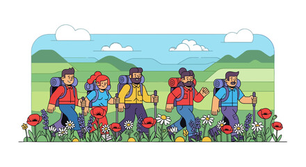 Group Of Hikers Traversing Scenic Trails In Nature During Beautiful Weather Conditions