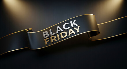 Elegant black ribbon with 'BLACK FRIDAY' text illuminated by spotlights, symbolizing major shopping event and sales.