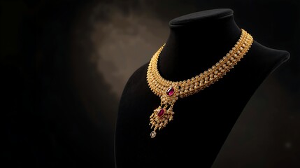 Elegant gold necklace with red gemstone displayed on black mannequin