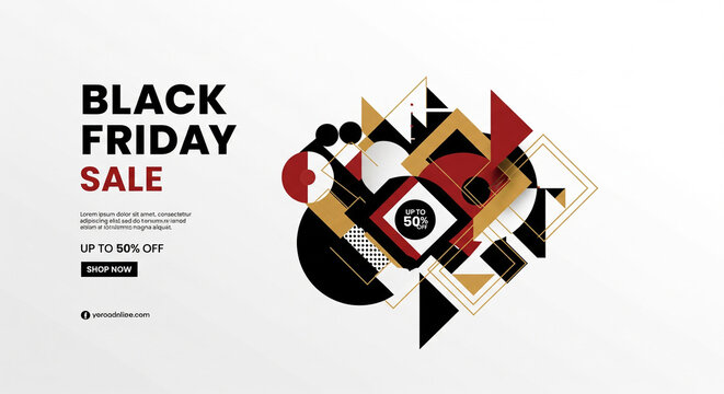 Black Friday Sale banner with abstract geometric shapes in black, red, and gold, promoting discounts and shopping opportunities.