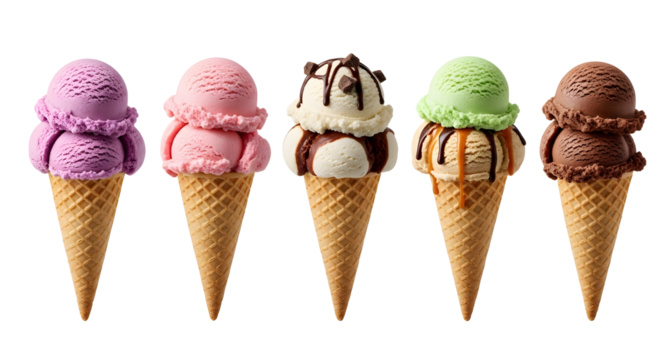 Assorted ice cream cones with different flavors sweet treat dessert summer food on transparent background