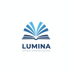 An open book graphic with blue stylized pages and text below