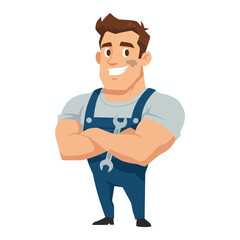 A muscular cartoon mechanic with a wrench on his overalls, arms crossed, and a confident smile