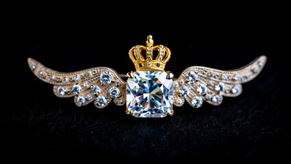 Opulent Jewelry Design Featuring a Large Diamond Crown and Winged Details on Dark Background for Luxury Brands