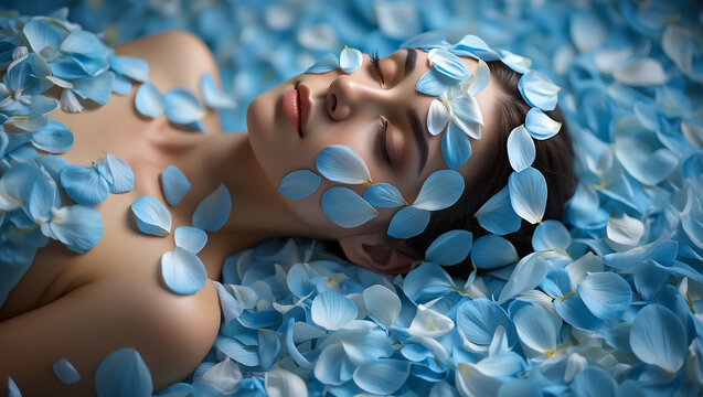 Peaceful slumber amidst blue flower petals a young woman bathed in delicate floral serenity for wellness concept