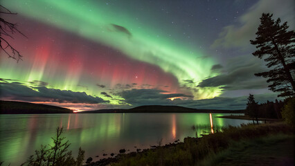 A vibrant aurora paints the night sky in green and red, reflecting softly on a calm lake as dark clouds drift and distant hills glow quietly in the background.