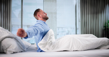 Happy Man Waking Up, Stretching Whole Body, Ready