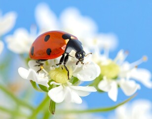 Fototapeta premium Close-up of a red and black ladybug perched on white wildflowers