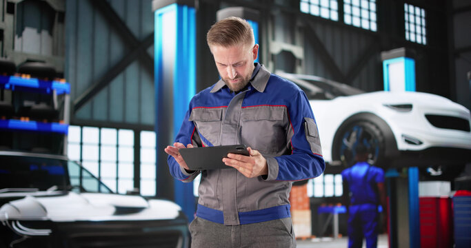 Skilled Mechanic Inspecting Car Safety - Powered by Adobe