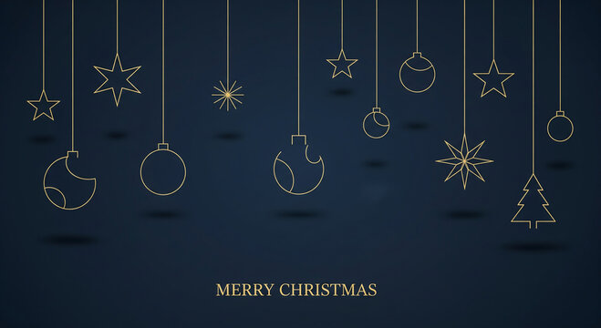 Christmas background with minimalist gold ornaments and greeting on blue.