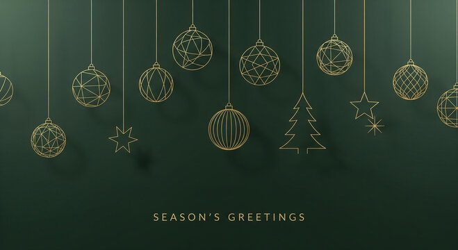 Elegant Christmas background with minimalist gold geometric ornaments and greeting.