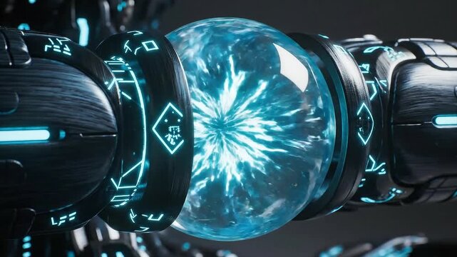 Futuristic alien technology orb with glowing blue energy patterns and intricate metallic structures creating an advanced science fiction scene