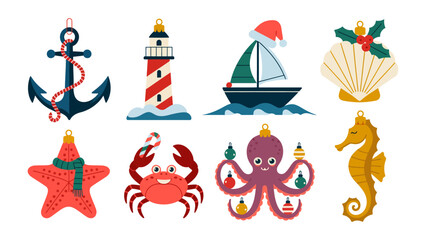 Christmas Ornaments: A charming collection of nautical Christmas ornaments, including a starfish, crab, seahorse, lighthouse, anchor, sailboat, seashell, and octopus.