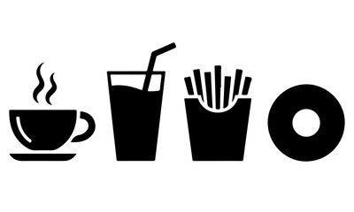 Line art illustration of fast food drinks and snack items representing refreshment and convenience in simple black and white design