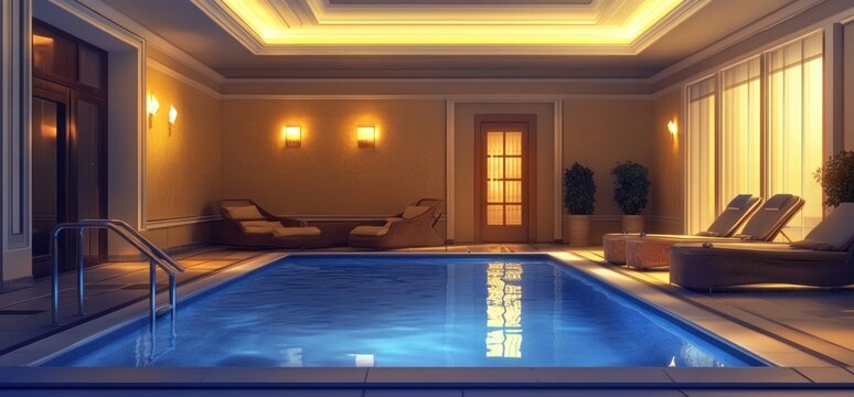 Indoor Swimming Pool with Loungers and Elegant Lighting.