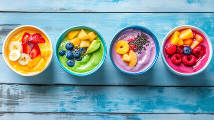 Four colorful smoothie bowls with fresh fruits on a blue wooden background