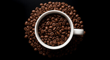 Fototapeta premium Top-down view of a white ceramic cup filled to the brim with roasted coffee beans on a black background.