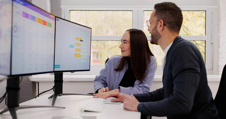 Man And Woman Brainstorm Business Ideas Using Computer